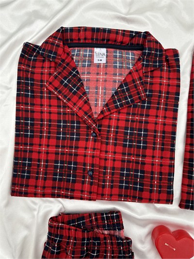 Kırmızı Ekose Günlük Rahat Sevgili Çift Uzun Kollu Pijama Takımı (2li Set)