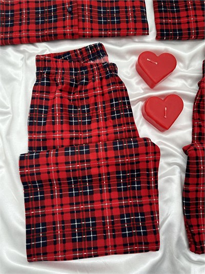 Kırmızı Ekose Günlük Rahat Sevgili Çift Uzun Kollu Pijama Takımı (2li Set)