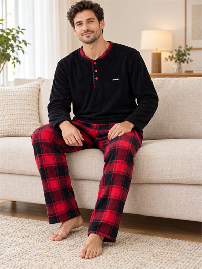Kırmızı Ekose Polar Erkek Uzun kollu Pijama Takımı