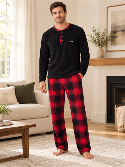 Kırmızı Ekose Polar Erkek Uzun kollu Pijama Takımı