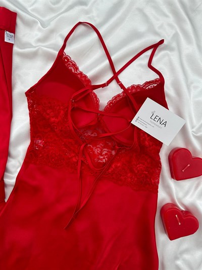 Kırmızı Enchante Lüks Dantelli Yırtmaçlı Uzun Gecelik & Sabahlık 