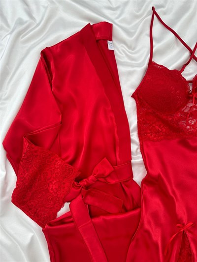 Kırmızı Enchante Lüks Dantelli Yırtmaçlı Uzun Gecelik & Sabahlık 