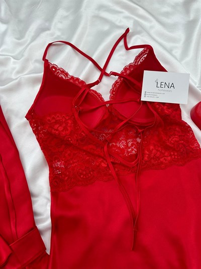 Kırmızı Enchante Lüks Dantelli Yırtmaçlı Uzun Gecelik & Sabahlık 