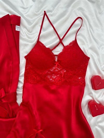 Kırmızı Enchante Lüks Dantelli Yırtmaçlı Uzun Gecelik & Sabahlık 