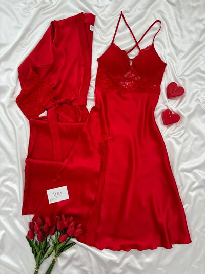 Kırmızı Enchante Lüks Dantelli Yırtmaçlı Uzun Gecelik & Sabahlık 