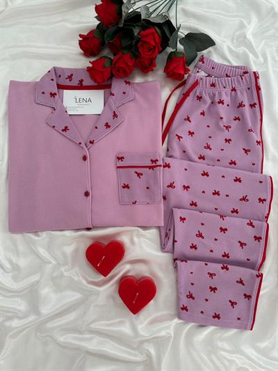 Fiyonk Desenli Pembe Waffle Premium Pijama Takımı