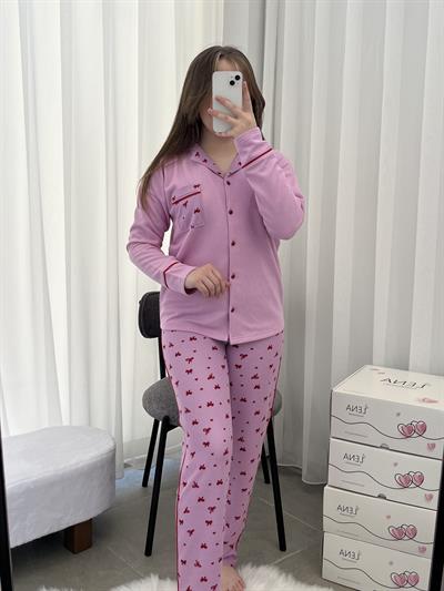 Fiyonk Desenli Pembe Waffle Premium Pijama Takımı