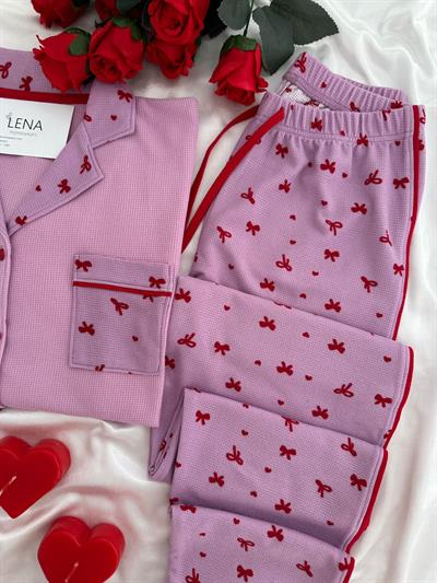 Fiyonk Desenli Pembe Waffle Premium Pijama Takımı
