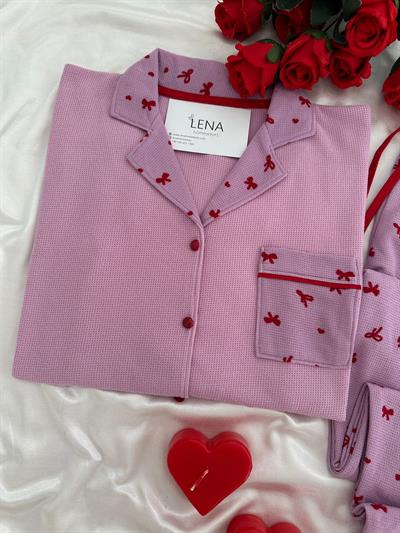 Fiyonk Desenli Pembe Waffle Premium Pijama Takımı