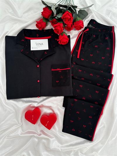 Fiyonk Desenli Siyah Waffle Premium Pijama Takımı