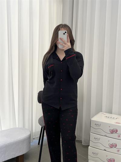 Fiyonk Desenli Siyah Waffle Premium Pijama Takımı