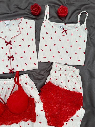 Kırmızı Fiyonklu Ekru 6lı Oslo Pijama Seti