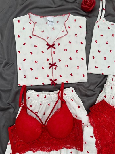 Kırmızı Fiyonklu Ekru 6lı Oslo Pijama Seti