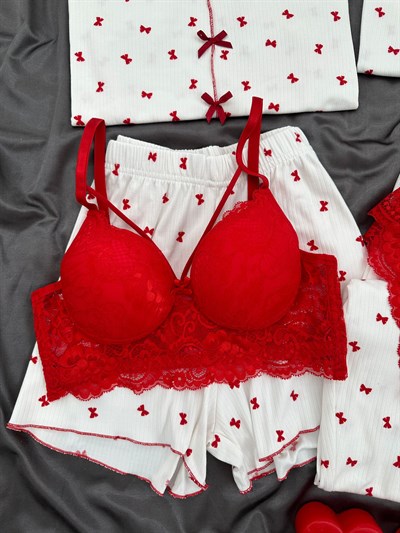 Kırmızı Fiyonklu Ekru 6lı Oslo Pijama Seti