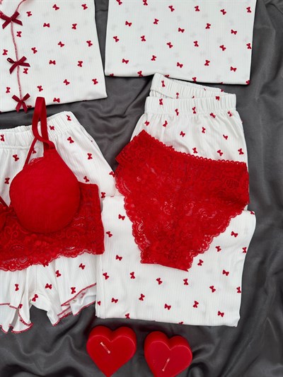 Kırmızı Fiyonklu Ekru 6lı Oslo Pijama Seti
