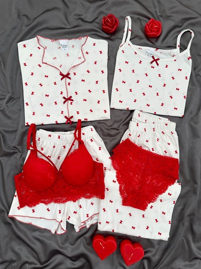 Kırmızı Fiyonklu Ekru 6lı Oslo Pijama Seti