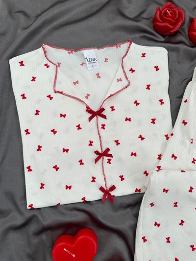 Kırmızı Fiyonklu Ekru Dörtlü Pijama & Çamaşır Seti