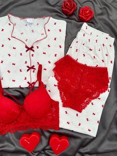 Kırmızı Fiyonklu Ekru Dörtlü Pijama & Çamaşır Seti
