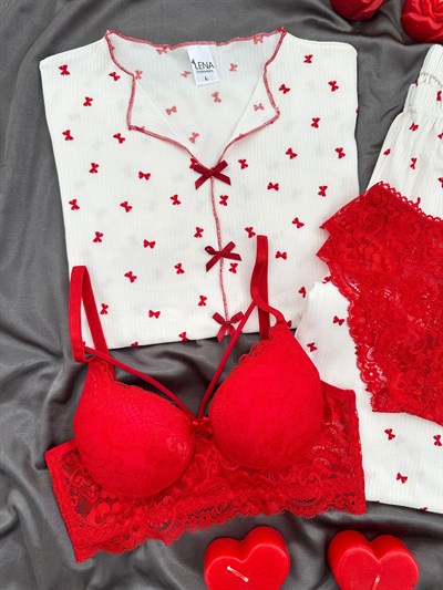 Kırmızı Fiyonklu Ekru Dörtlü Pijama & Çamaşır Seti