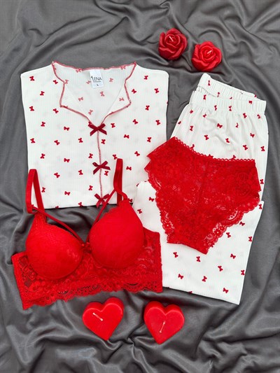 Kırmızı Fiyonklu Ekru Dörtlü Pijama & Çamaşır Seti