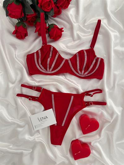 Kırmızı Işıltı İp Detaylı Bralet Takımı