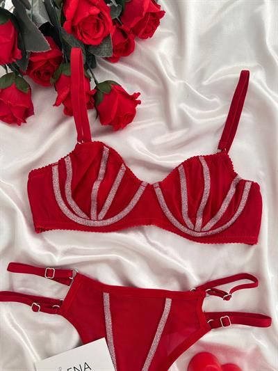 Kırmızı Işıltı İp Detaylı Bralet Takımı
