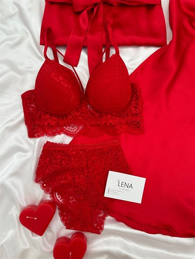 Kırmızı Jasmin Dörtlü Gecelik & Çamaşır Seti