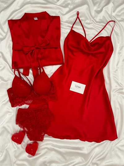 Kırmızı Jasmin Dörtlü Gecelik & Çamaşır Seti