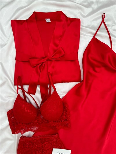 Kırmızı Jasmin Dörtlü Gecelik & Çamaşır Seti