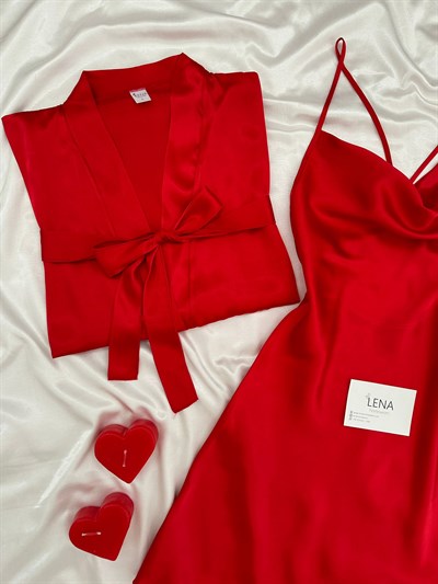Kırmızı Jasmin Sabahlık & Saten Gecelik