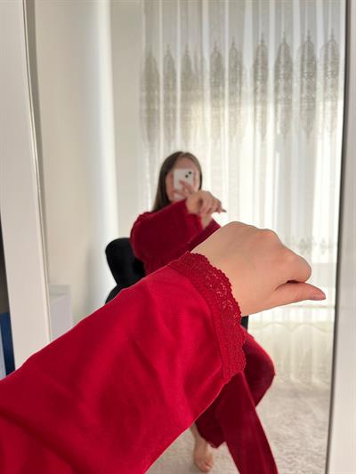 Kırmızı Kadife Sabahlıklı 5li Pijama Set