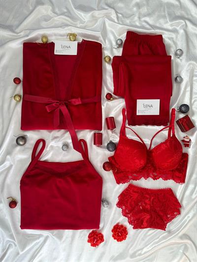 Kırmızı Kadife Sabahlıklı 5li Pijama Set