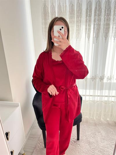 Kırmızı Kadife Sabahlıklı 5li Pijama Set