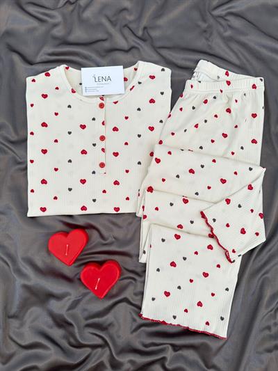 Kırmızı Kalp Desenli Ekru Berlin Pijama Takımı