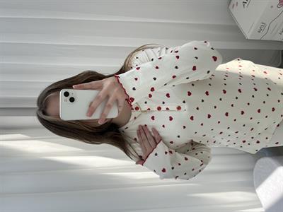 Kırmızı Kalp Desenli Ekru Berlin Pijama Takımı