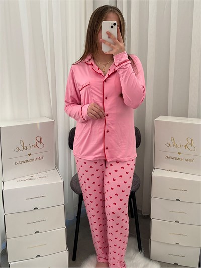 Kırmızı Kalp Desenli Pembe Milan Uzun Kollu Pijama Takımı