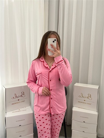 Kırmızı Kalp Desenli Pembe Milan Uzun Kollu Pijama Takımı