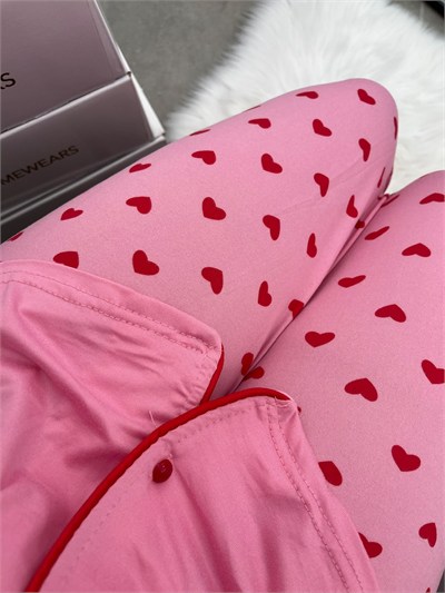 Kırmızı Kalp Desenli Pembe Milan Uzun Kollu Pijama Takımı