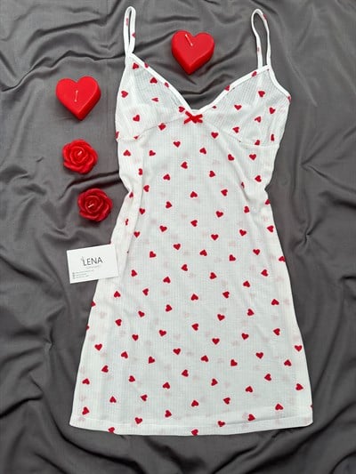 Kırmızı Kalp Raporlu Gecelik Pijama Takımı