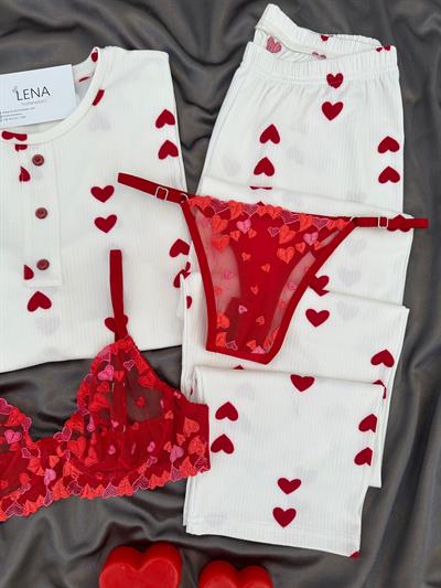 Kırmızı Kalpler Desenli Dörtlü Pijama Seti