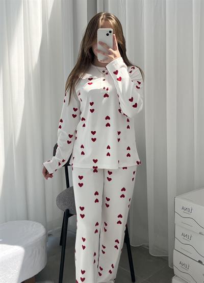 Kırmızı Kalpler Desenli Dörtlü Pijama Seti