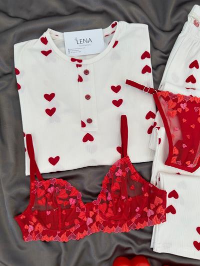 Kırmızı Kalpler Desenli Dörtlü Pijama Seti