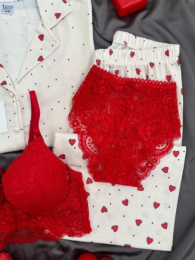 Kırmızı Kalpler Ekru Benekli Dörtlü Pijama Takımı