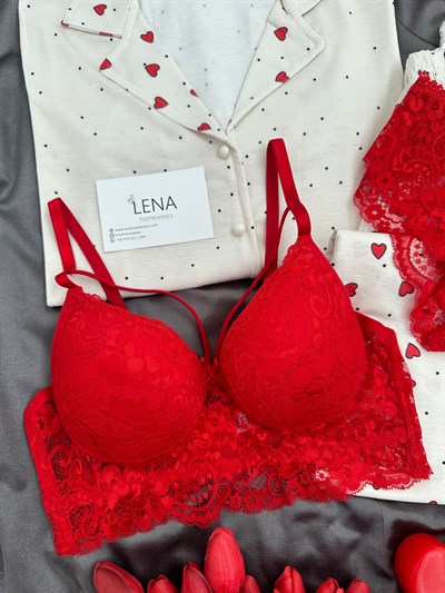 Kırmızı Kalpler Ekru Benekli Dörtlü Pijama Takımı