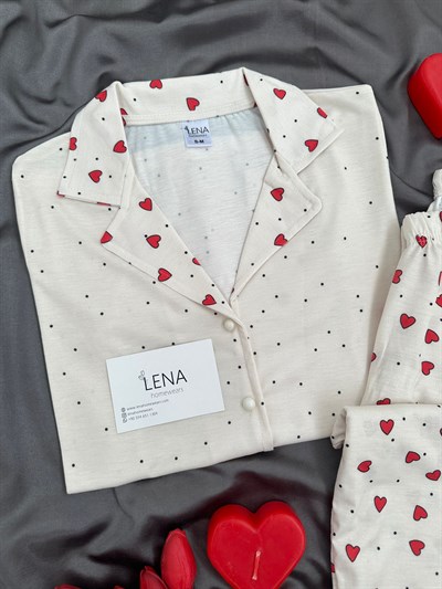 Kırmızı Kalpler Ekru Benekli Pijama Takımı