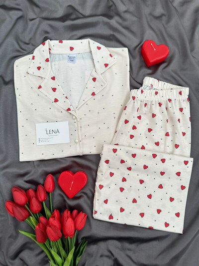 Kırmızı Kalpler Ekru Benekli Pijama Takımı