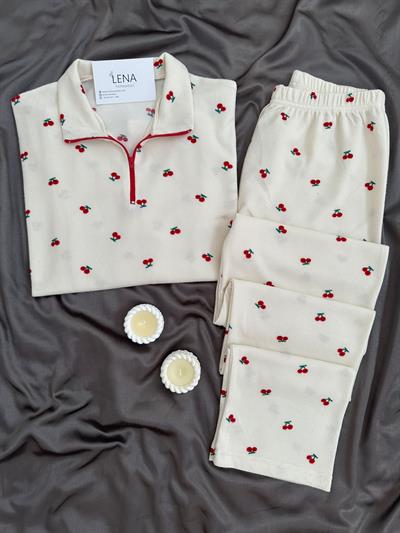 Kırmızı Kiraz Desenli Ekru Waffle Premium Pijama Takımı
