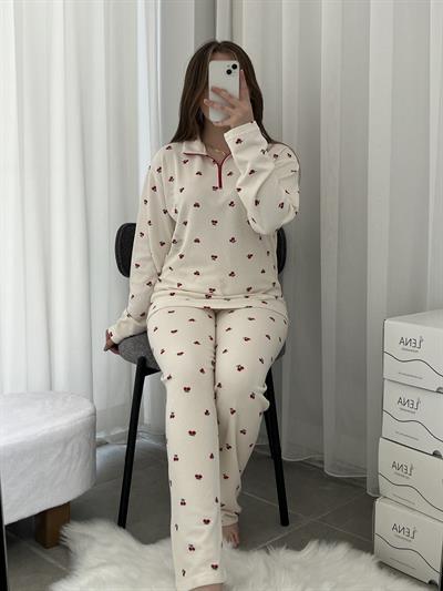 Kırmızı Kiraz Desenli Ekru Waffle Premium Pijama Takımı