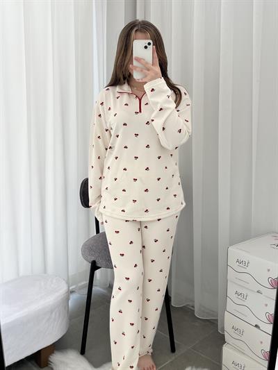 Kırmızı Kiraz Desenli Ekru Waffle Premium Pijama Takımı