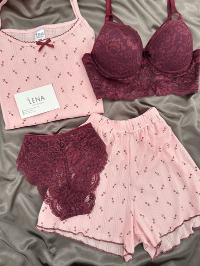 Kırmızı Lale Desenli Pamuklu 4lü Şortlu Pijama Takımı